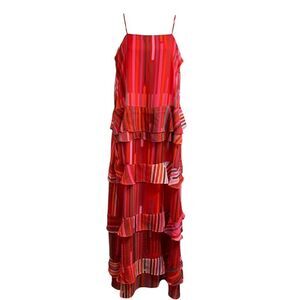 GH Haus Quadrivium Womens Silk Maxi Dress Red Tiered Ruffle Slit Summer Large